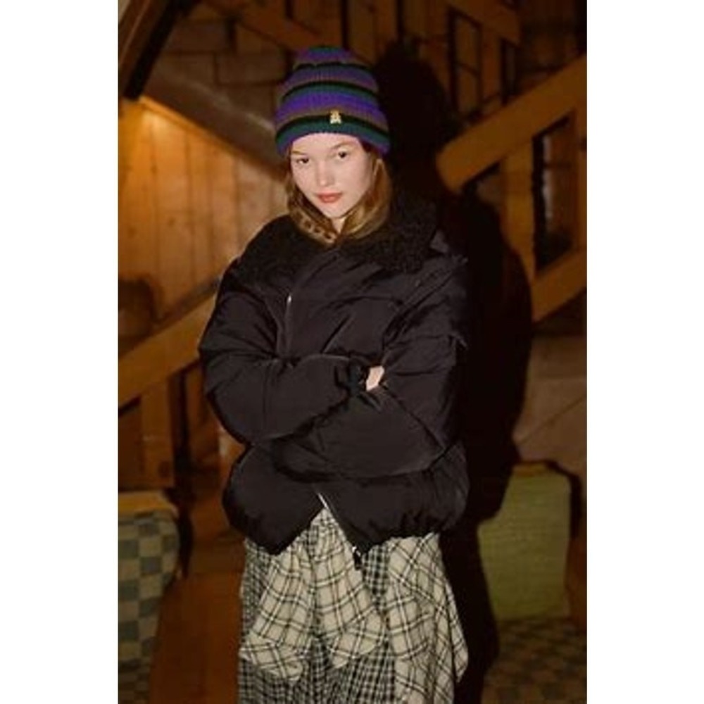 URBAN OUTFITTERS Black Puffer Jacket Sherpa Collar Zip Front Oversized Women's L